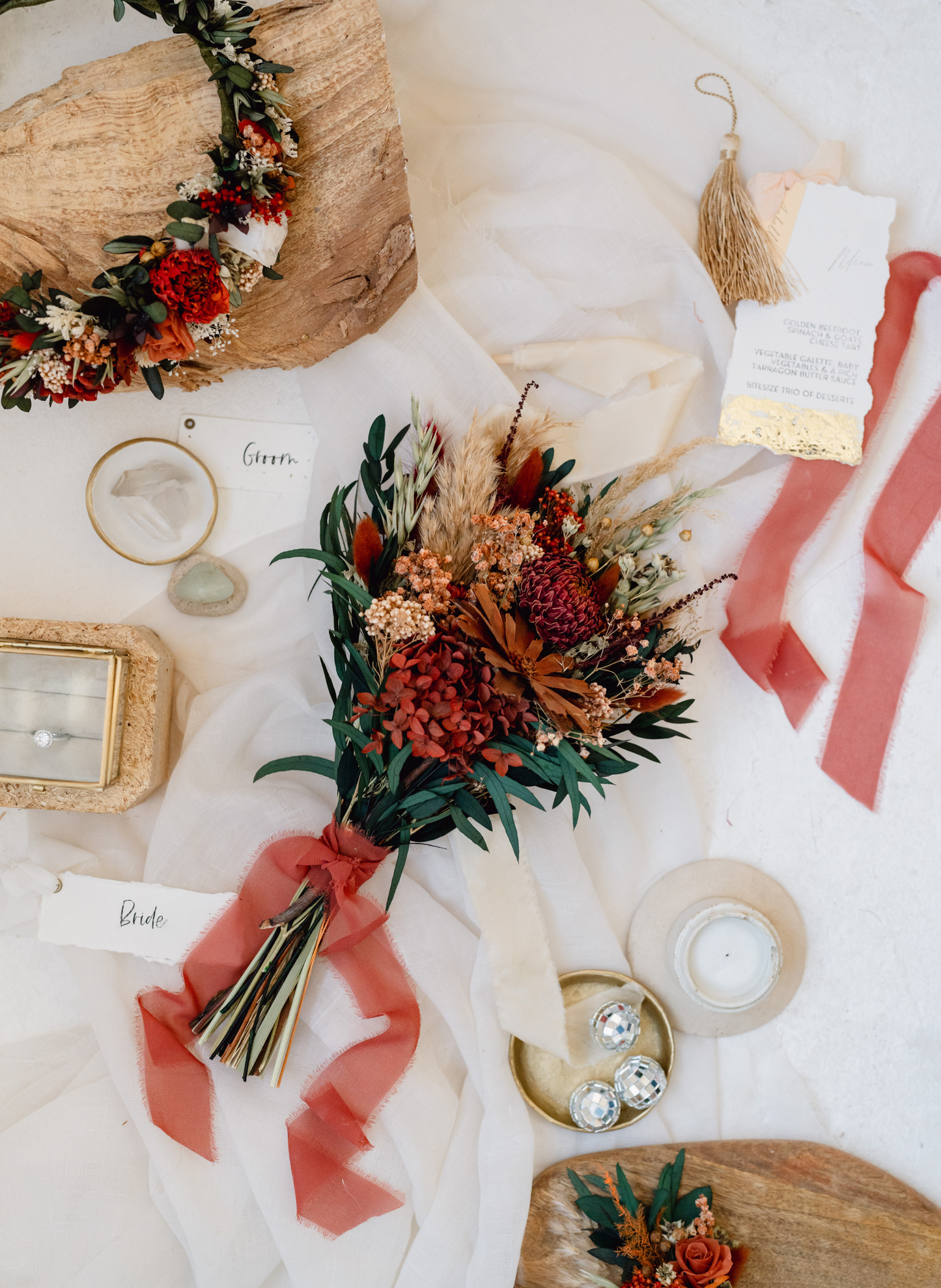 Bramble petite autumn flat back dried flower wedding bouquet 1