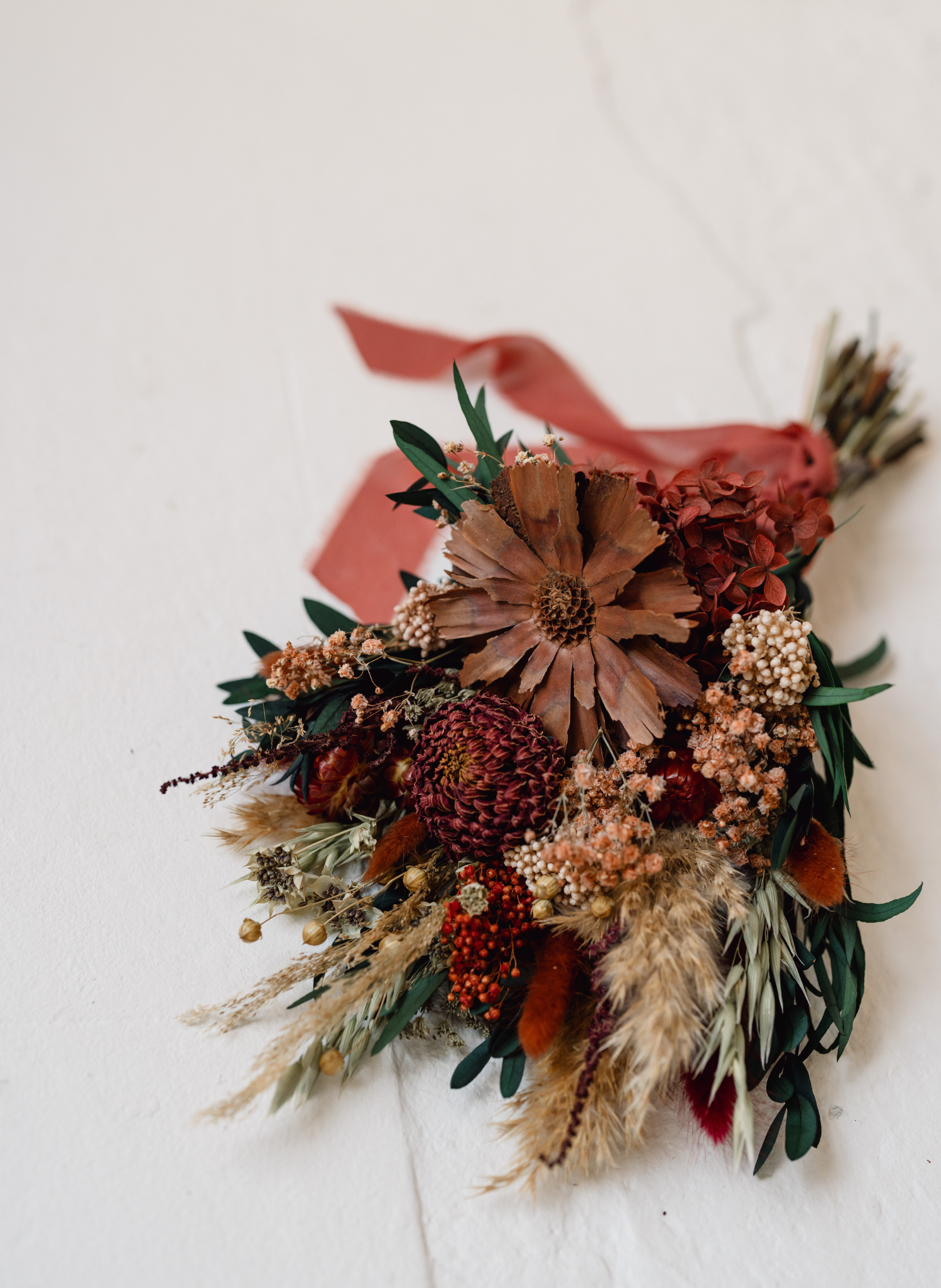 Bramble petite autumn flat back dried flower wedding bouquet 2