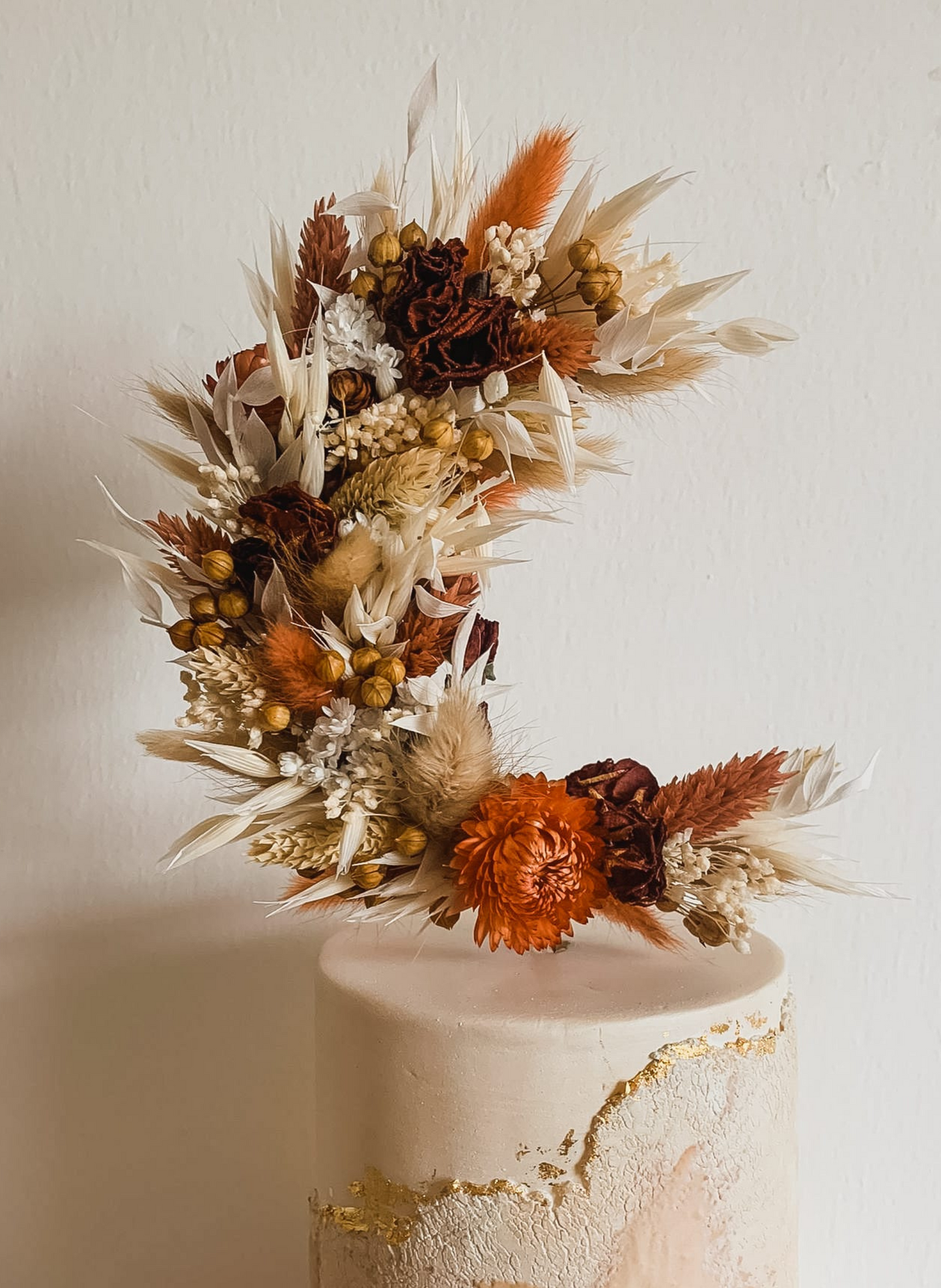 Crescent Moon Dried Flower Wedding Cake Topper Autumnal