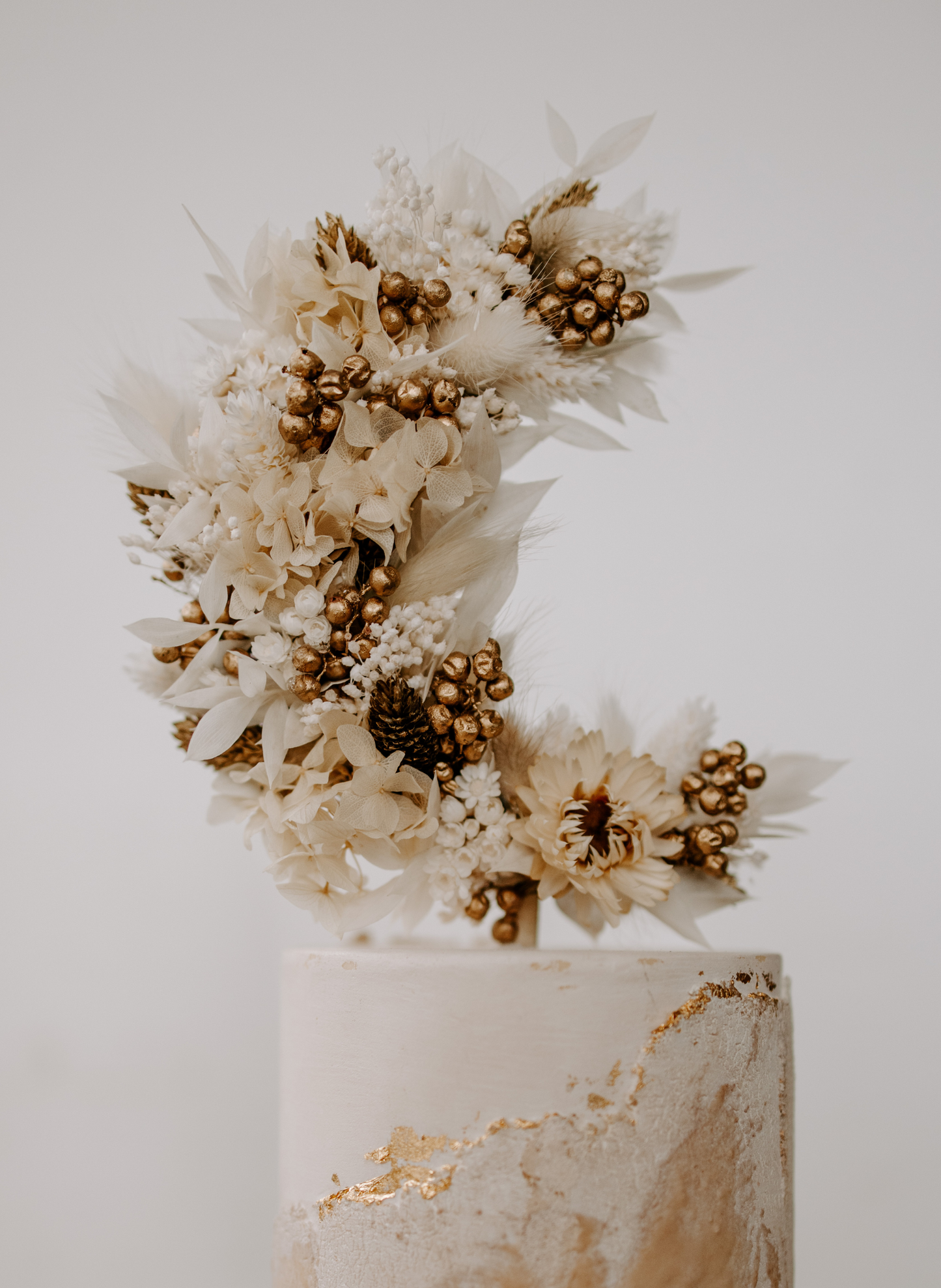 Crescent Moon Dried Flower Wedding Cake Topper Gold