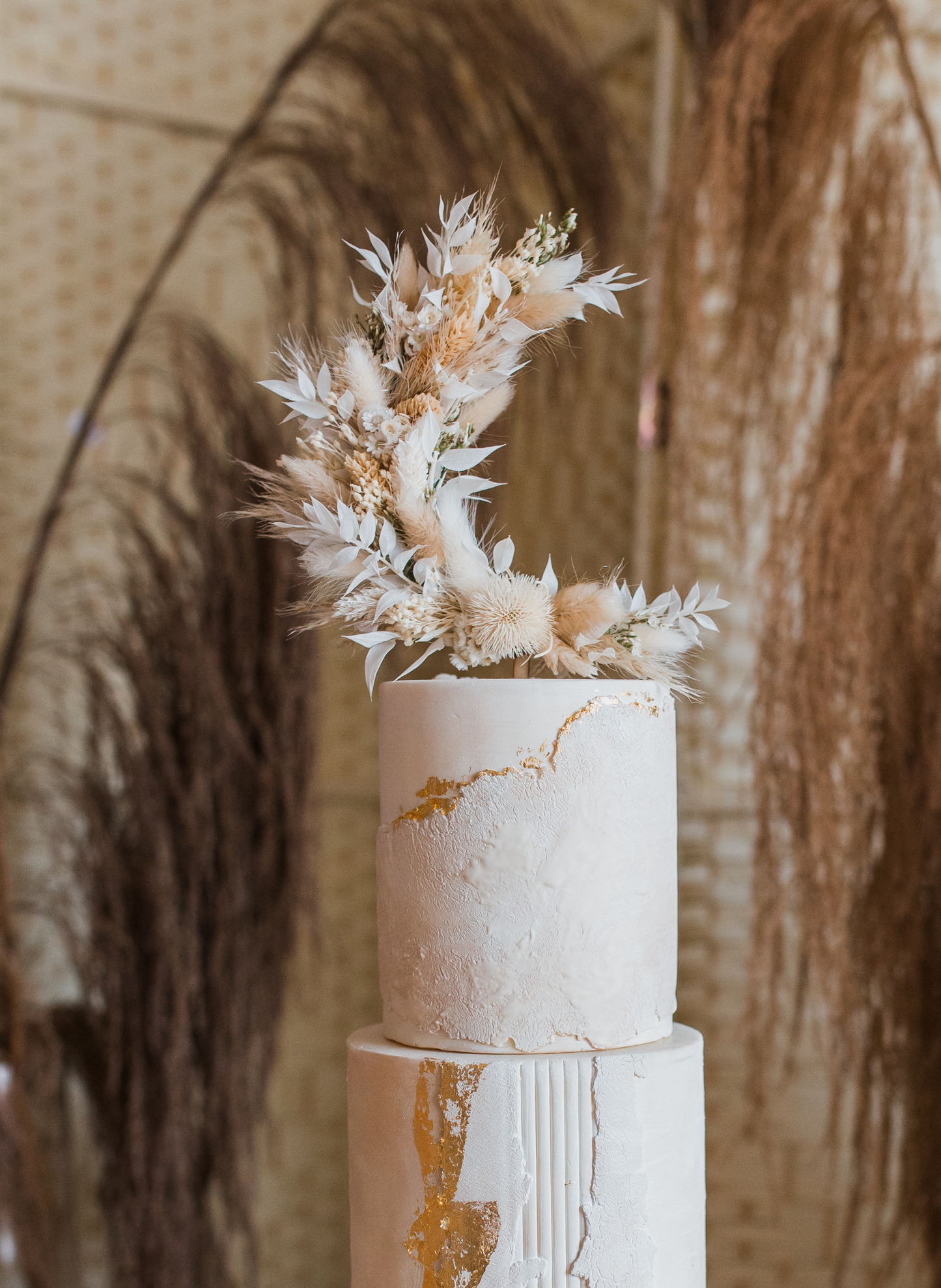 Crescent Moon Dried Flower Wedding Cake Topper Natural