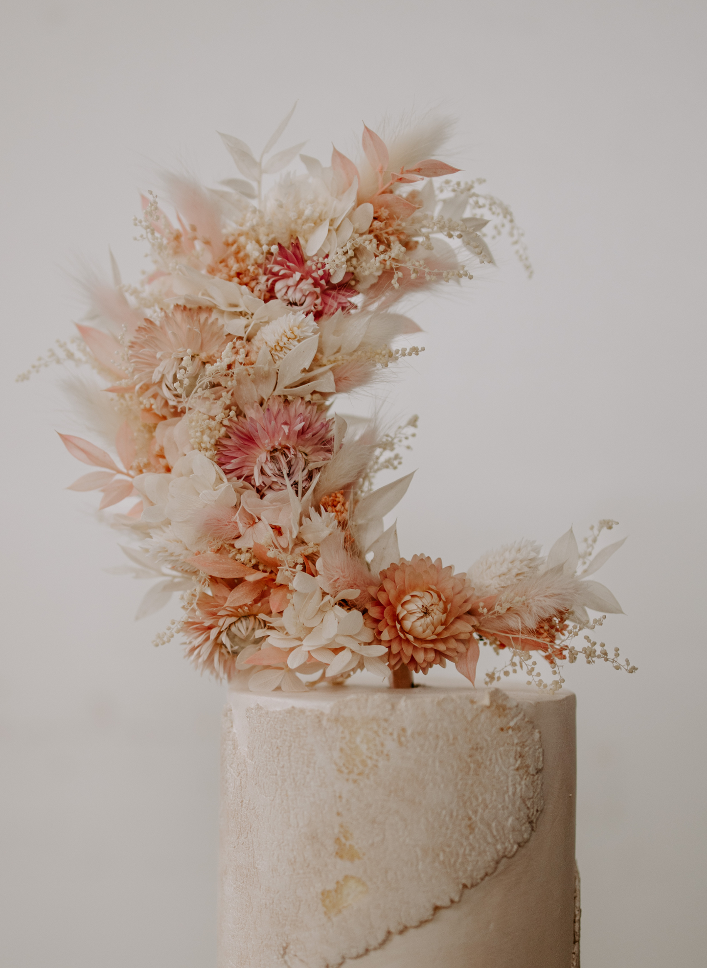 Crescent Moon Dried Flower Wedding Cake Topper Pink
