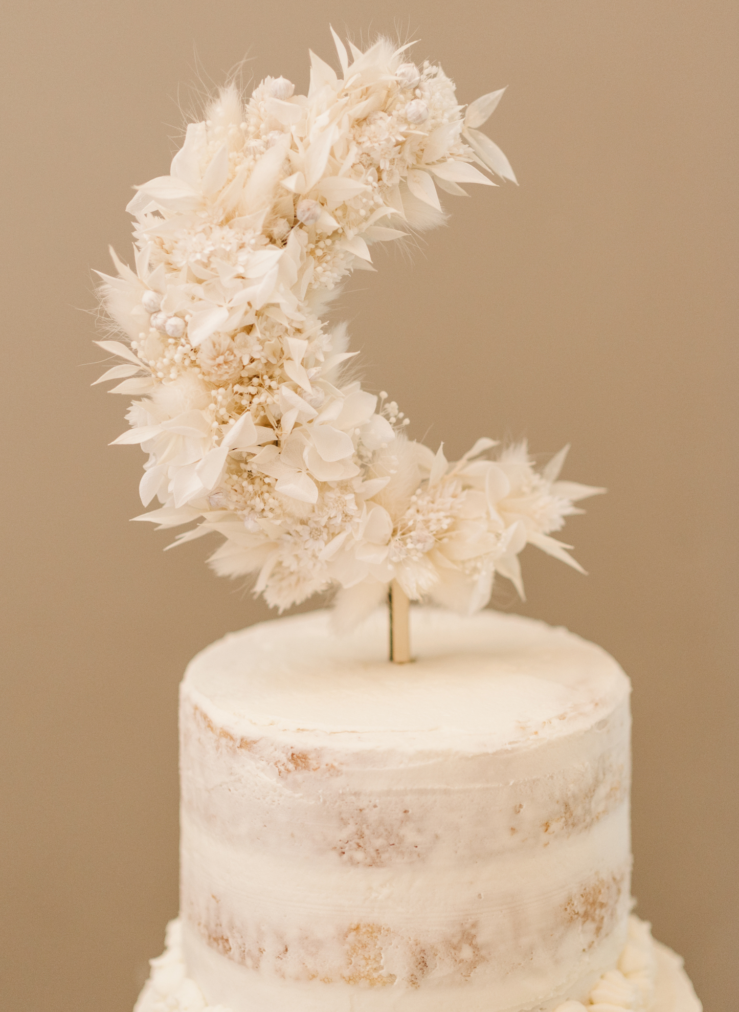 Crescent Moon Dried Flower Wedding Cake Topper White