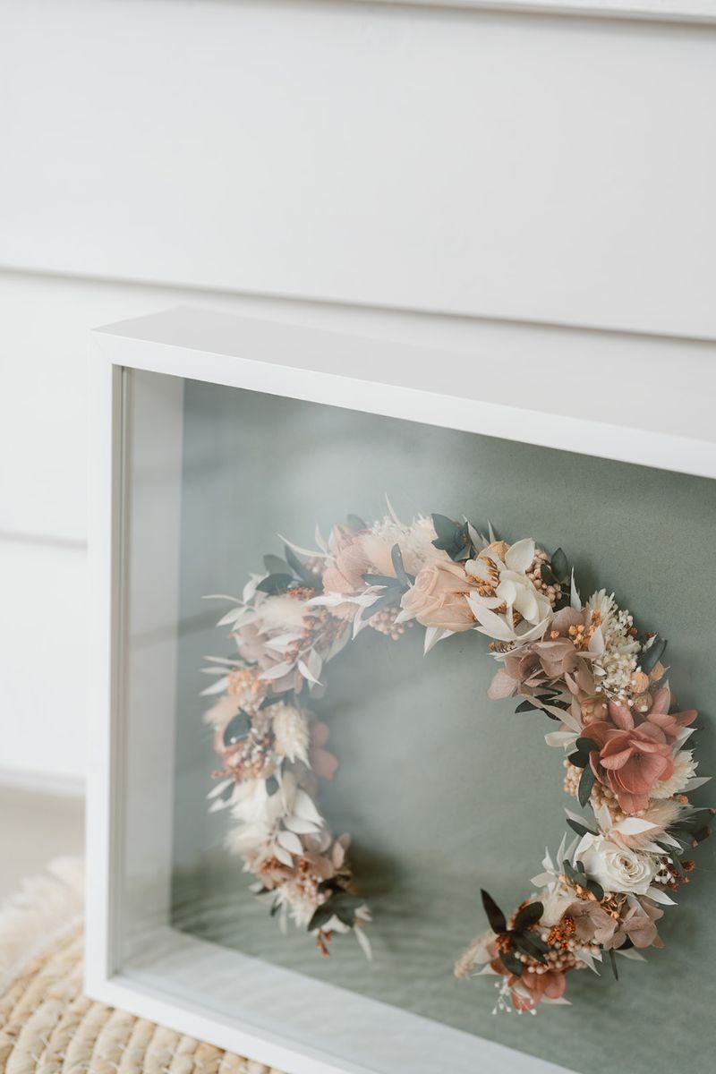 Luna and Wild Floral wreath in a white box frame