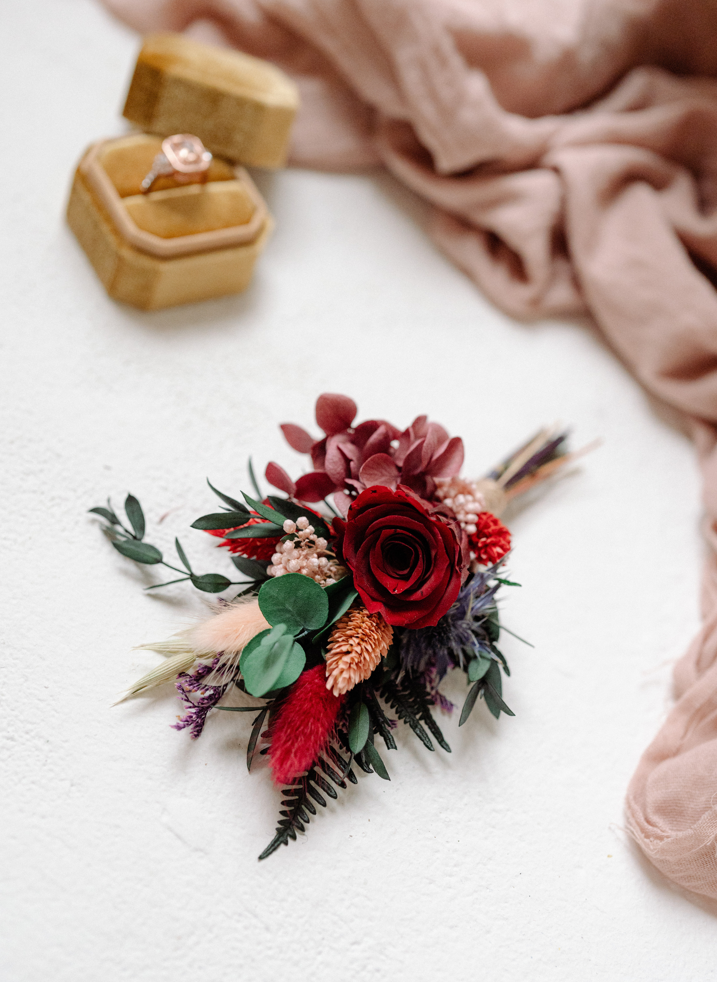 Fawn Jewel Toned Wedding Dried Flower Buttonhole/ Boutonnière