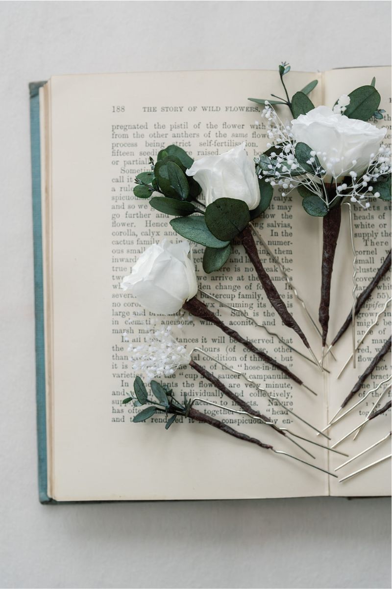 Preserved white roses and foliage hair pin set for weddings by Luna and Wild