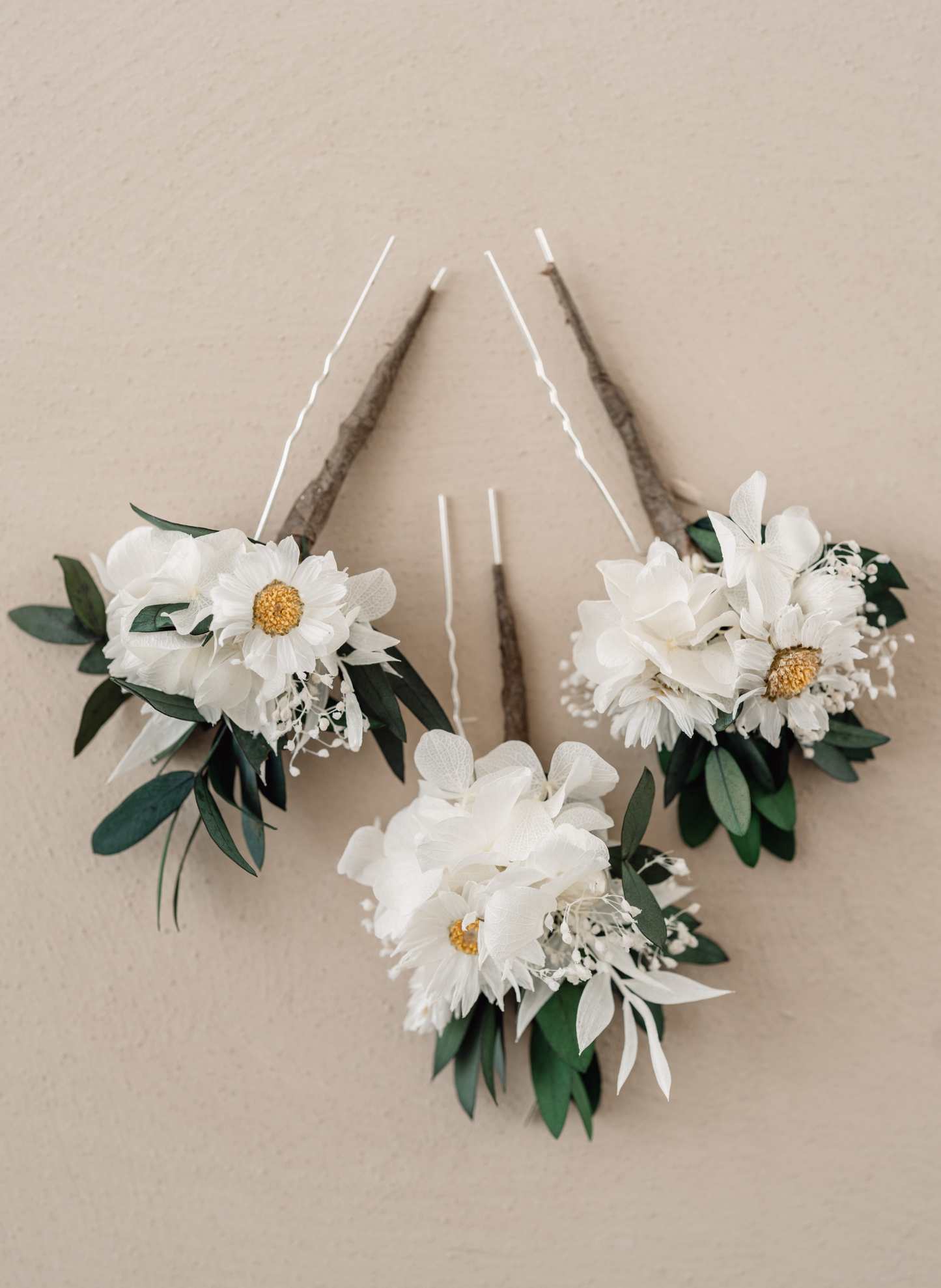 Juniper Preserved Eucalyptus and Daisy Wedding Hair Pin Set 2