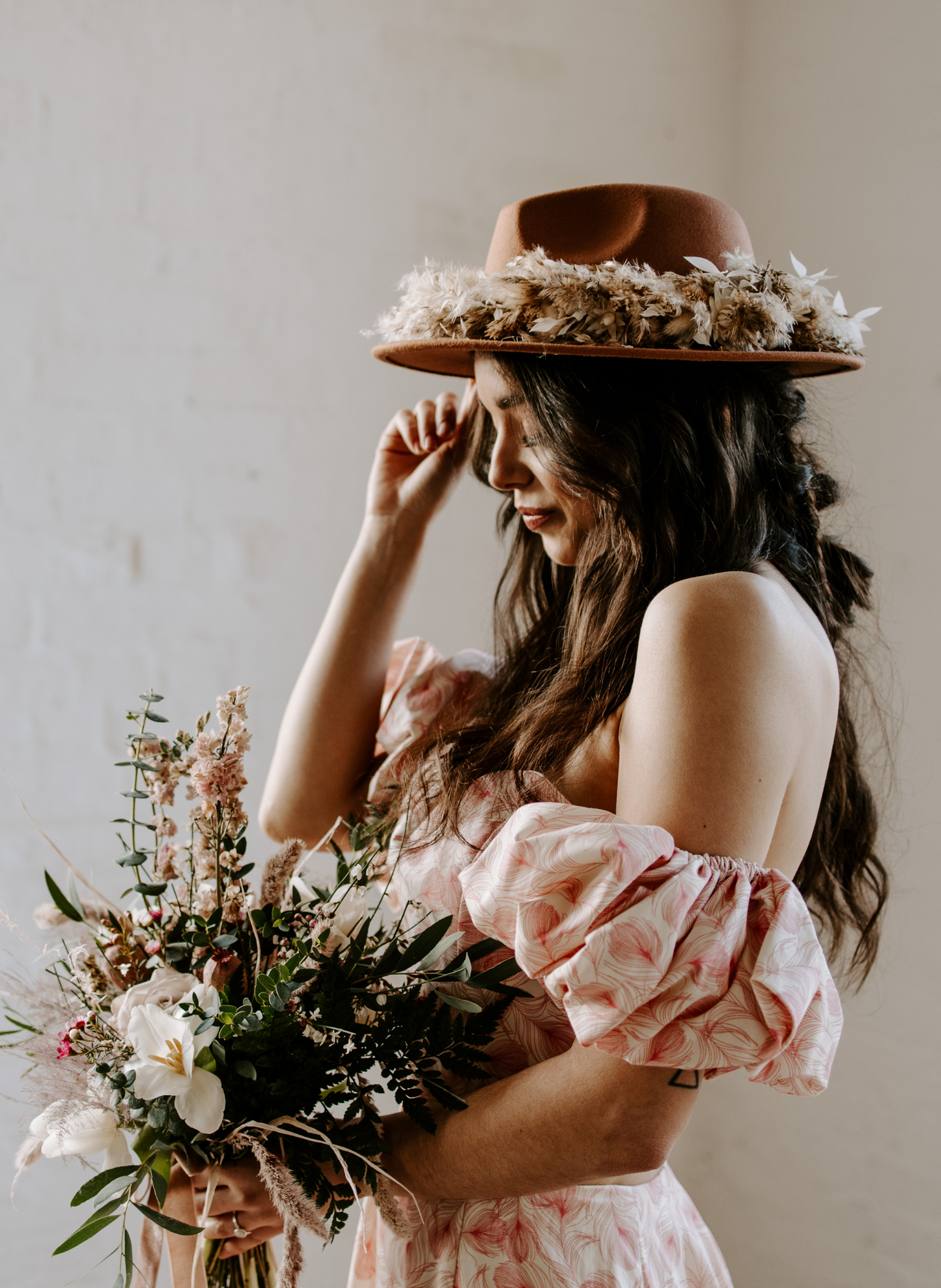 Lena Russet Dried Flower Bridal Fedora Wedding Hat 1