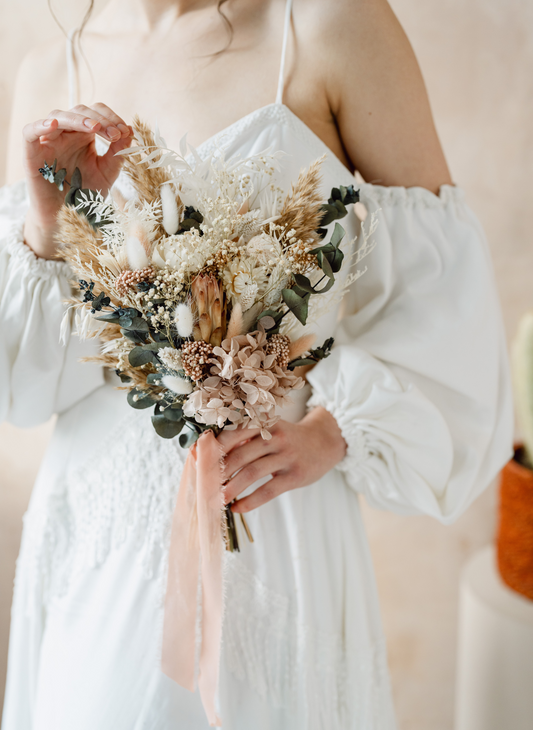 Phoenix boho petite flat back dried flower wedding bouquet