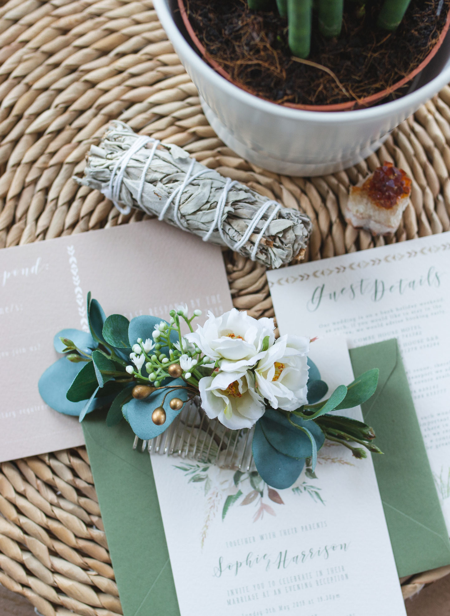Sage Eucalyptus Wild Rose Wedding Bridal Hair Comb 1