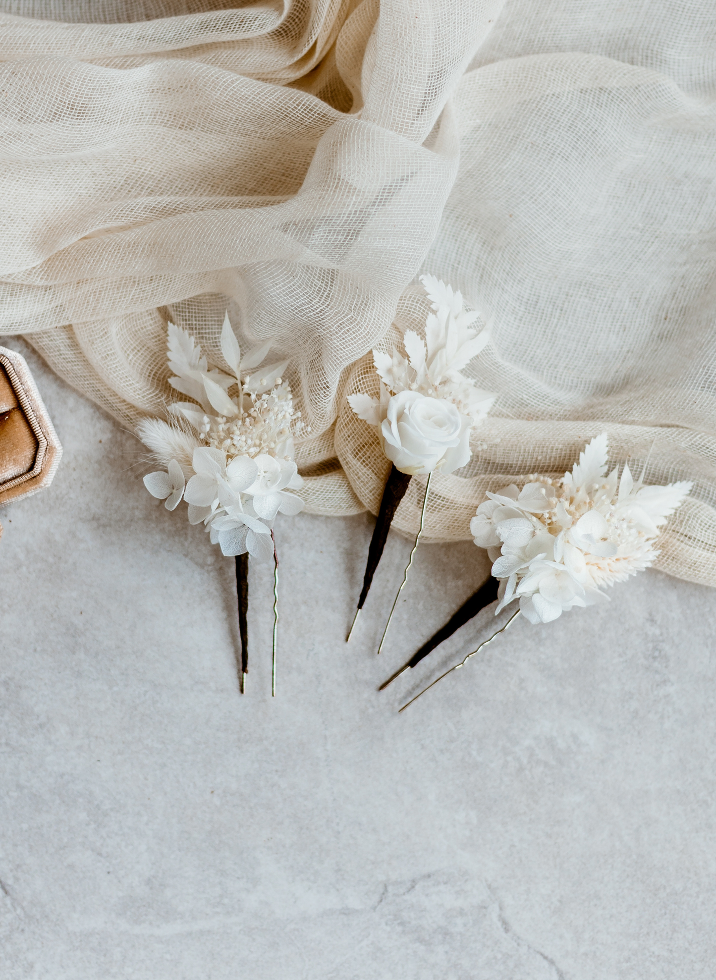 Selene White Preserved Flower Wedding Bridal Hair Pins 1