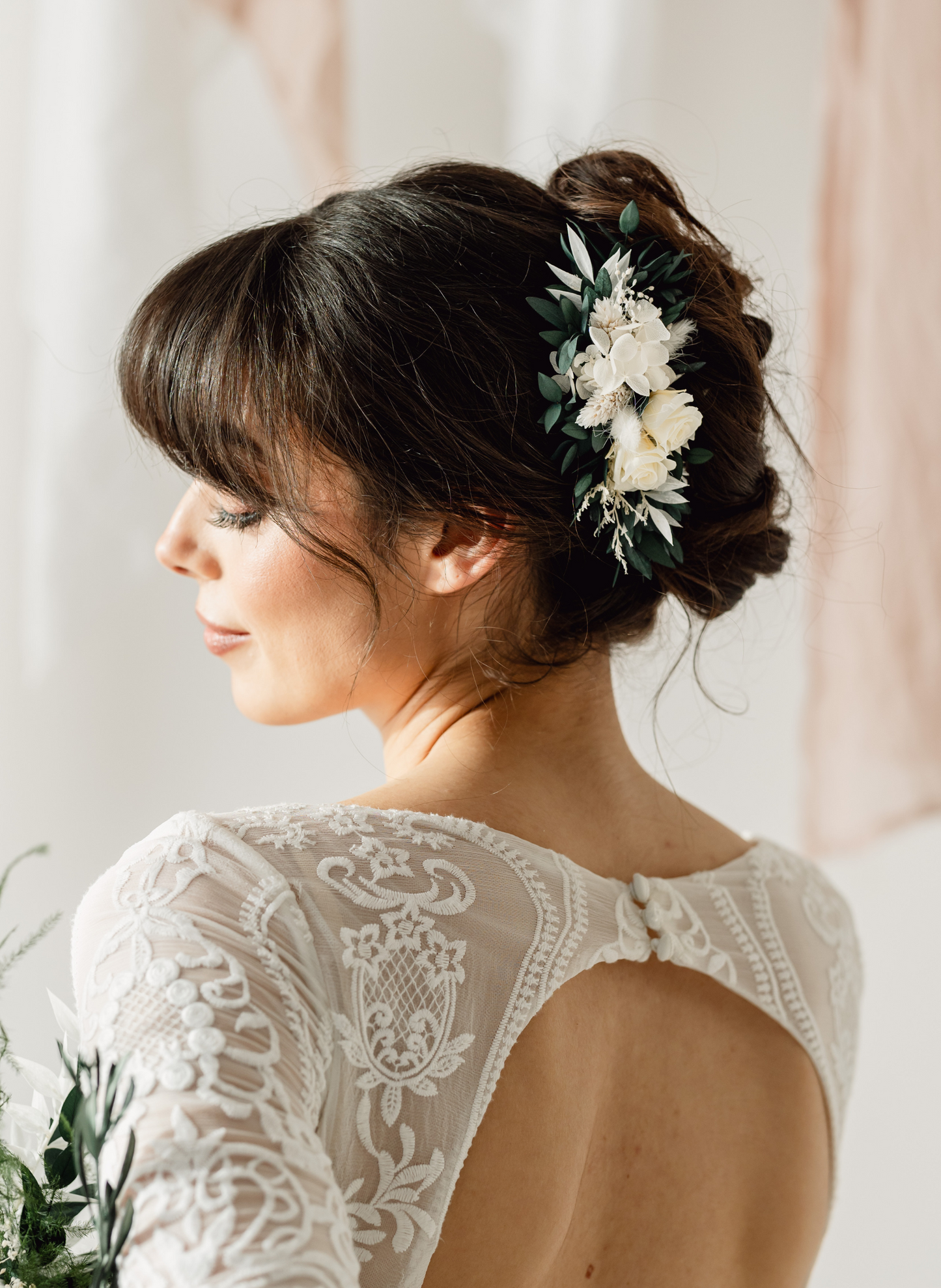Willa Eucalyptus Rose Preserved Flower Wedding Bridal Hair Comb