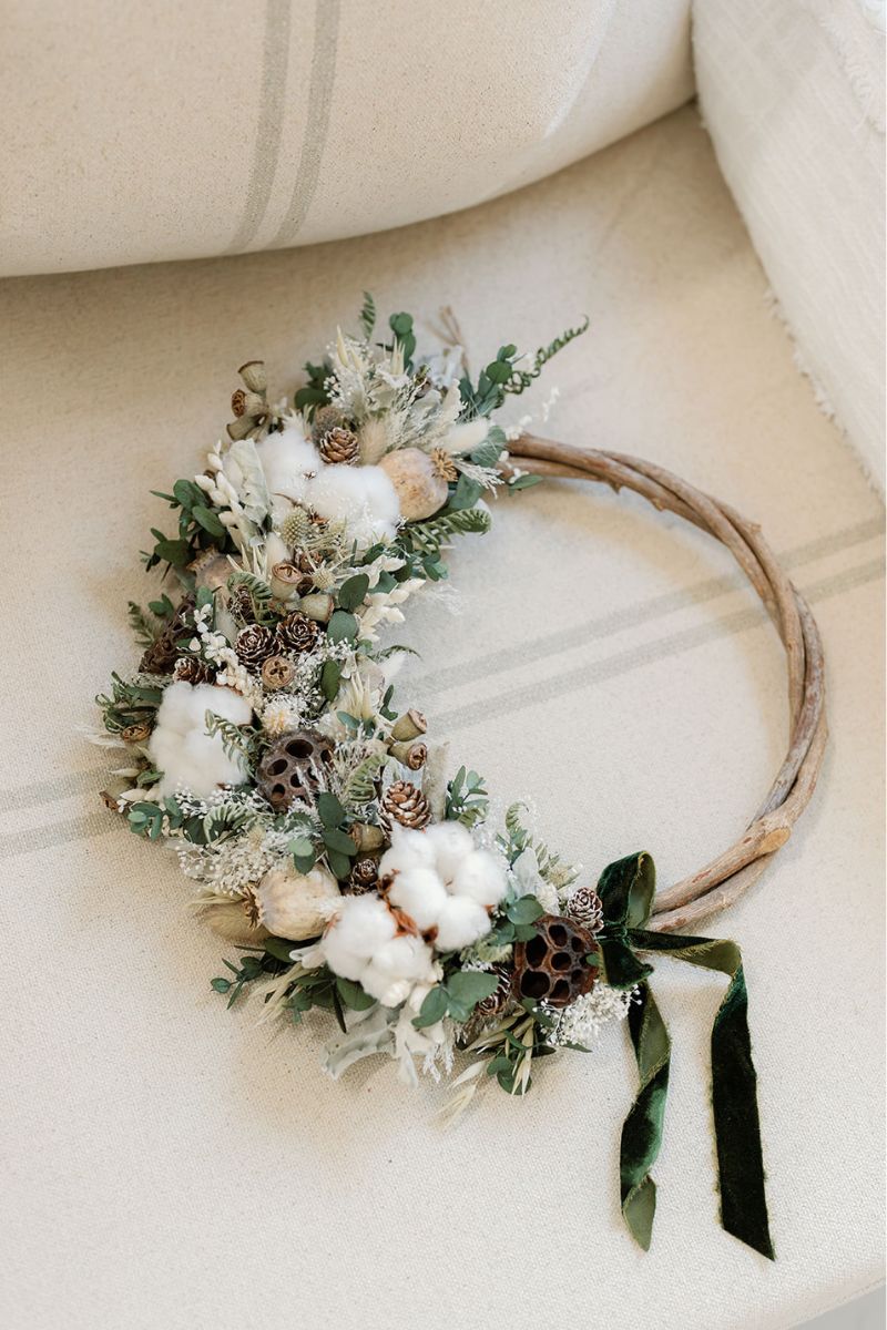 festive dried flower winter white and green wreath