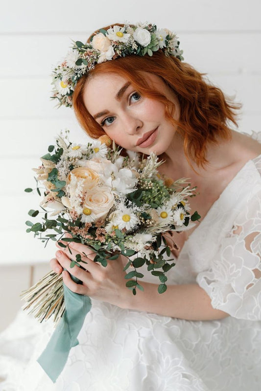 Peach white and sage preserved wildflower bridal bouquet by Luna and Wild