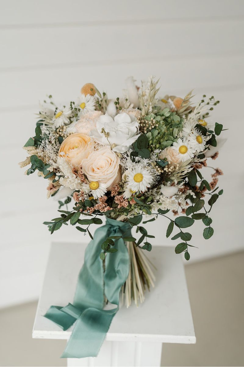 Romantic wildflower bridal bouquet in peach, white and green with hand dyed silk ribbon  
