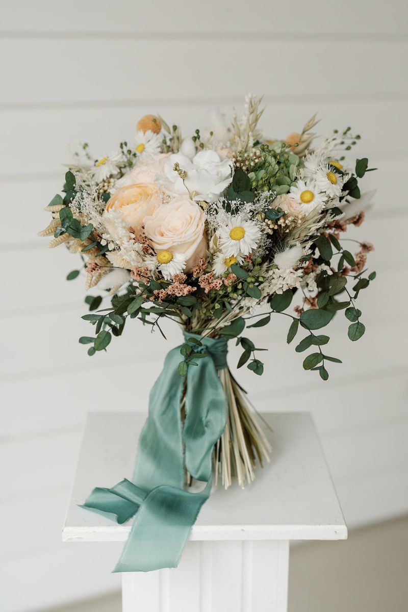 Romantic wildflower bridal bouquet in peach, white and green with hand dyed silk ribbon  