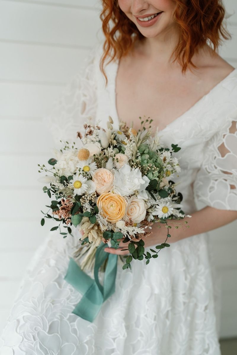 Peach white and sage preserved wildflower bridal bouquet by Luna and Wild