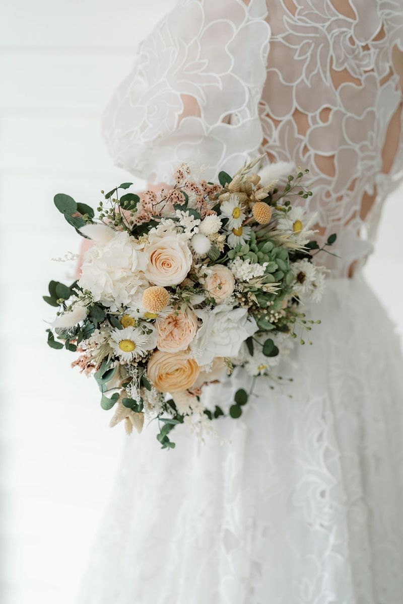 Peach white and sage preserved wildflower bridal bouquet by Luna and Wild