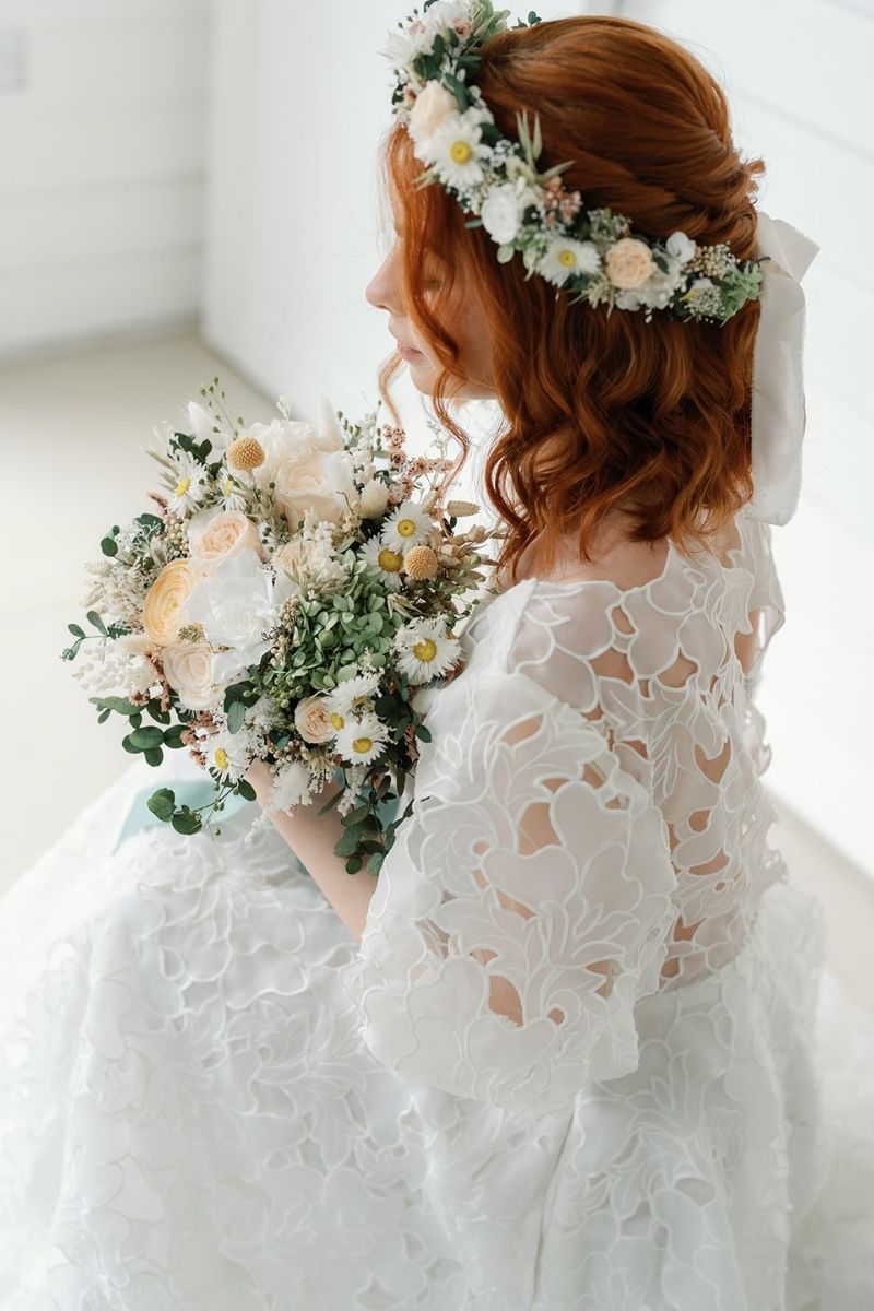 Peach white and sage preserved wildflower bridal bouquet by Luna and Wild