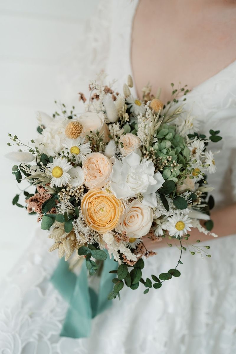 Peach white and sage preserved wildflower bridal bouquet by Luna and Wild