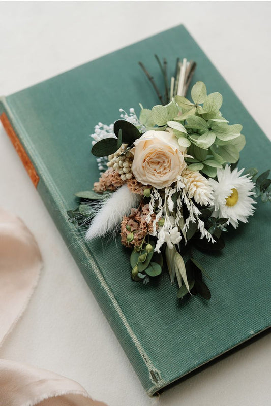 Alice garden inspired dried flower wedding buttonhole by Luna and Wild