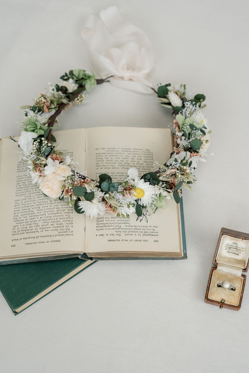 Wildflower style dried and preserved wedding flower crown with ribbon tie, in peach, white and sage.