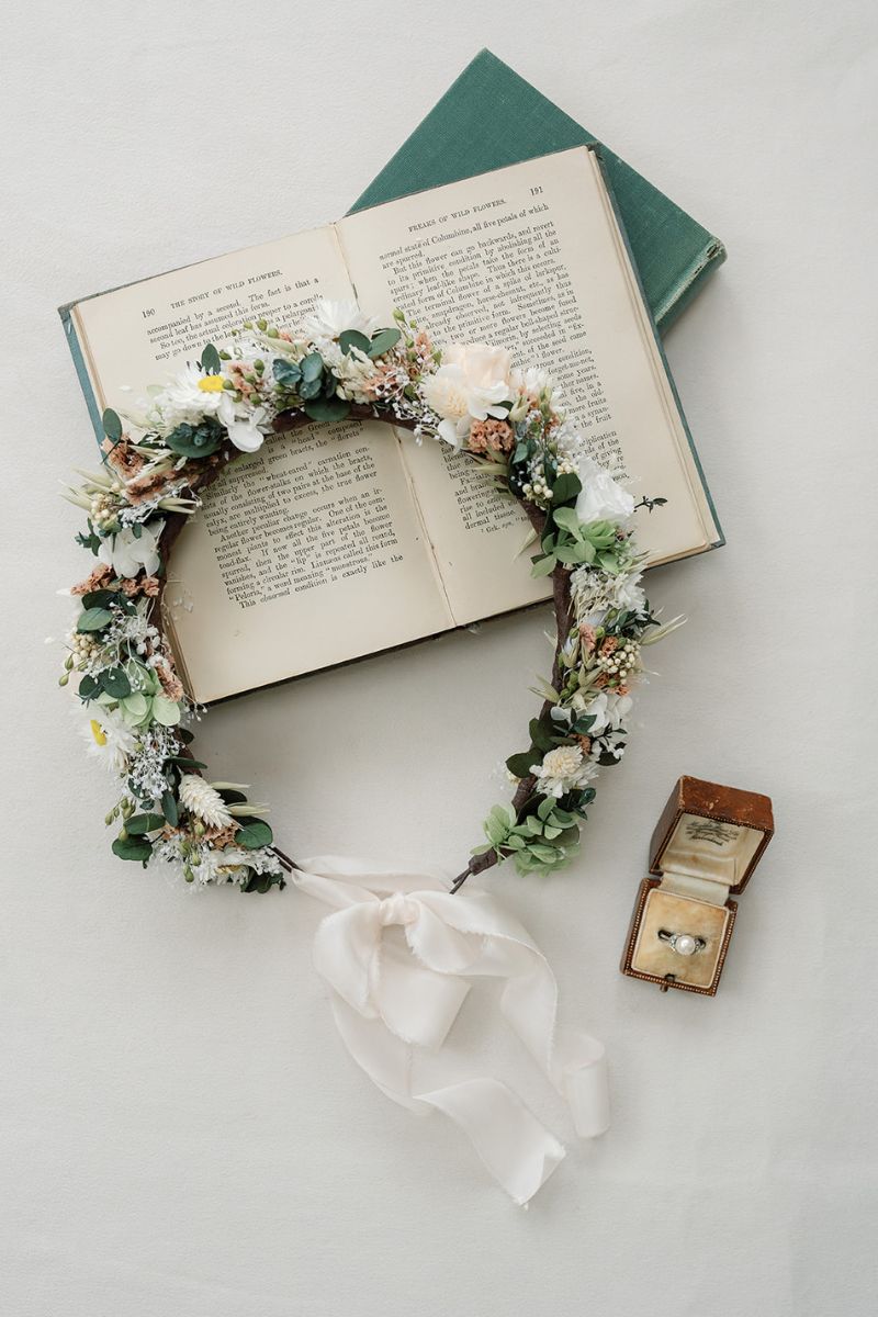 Wildflower style dried and preserved wedding flower crown with ribbon tie, in peach, white and sage.