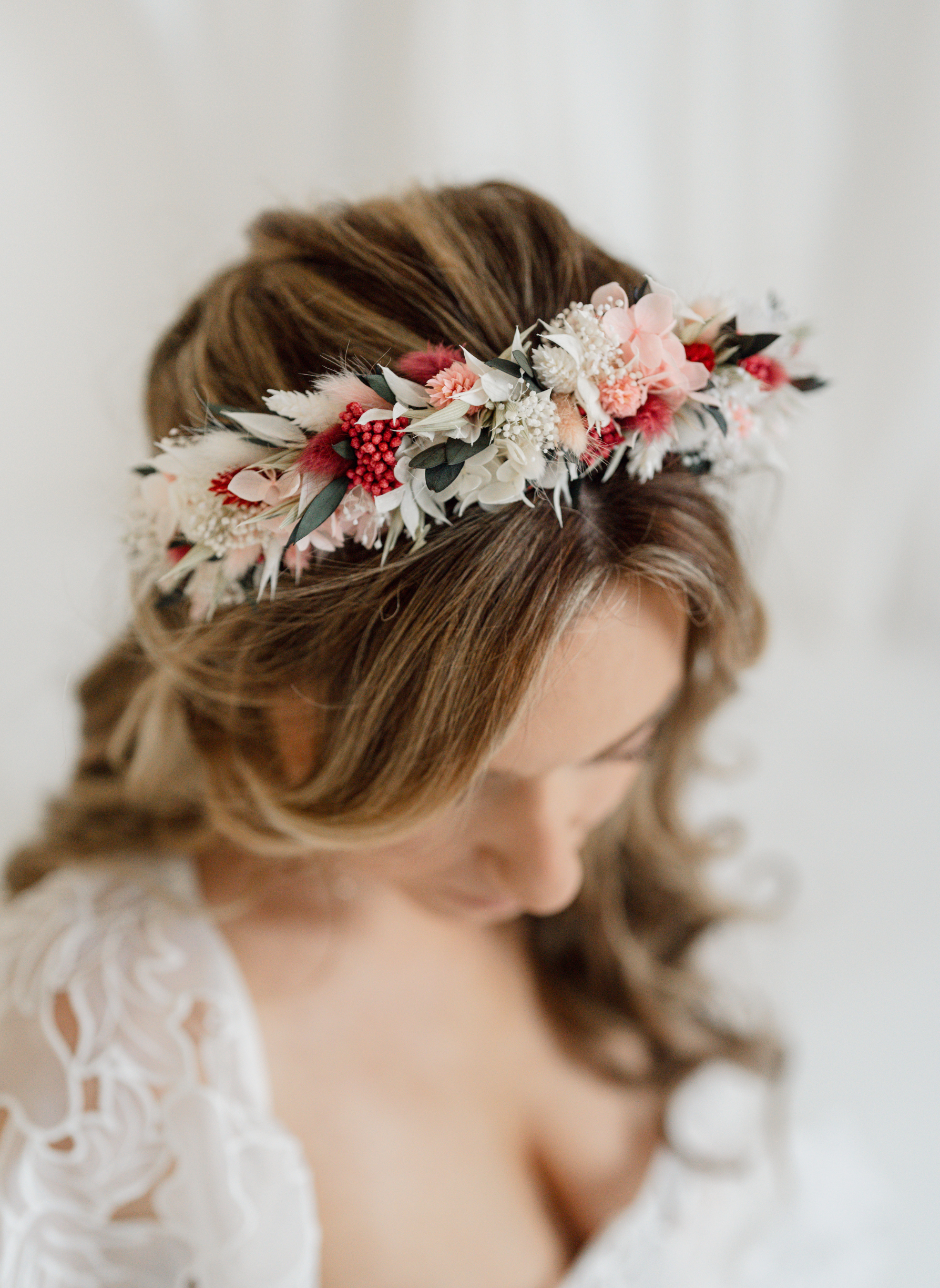 Amara Pink and Red Wedding Dried Flower Crown Headband 1