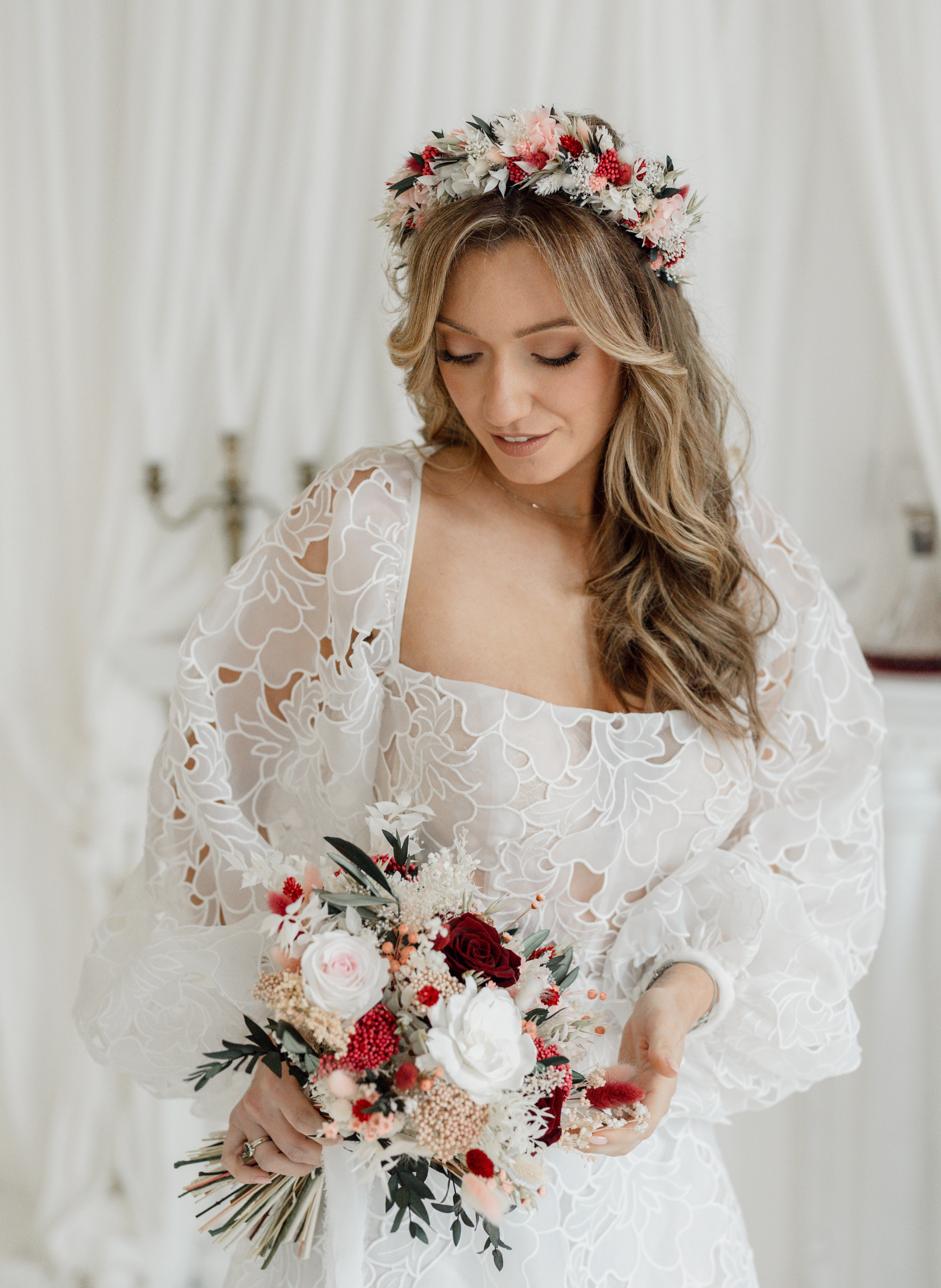 Amara Pink and Red Wedding Dried Flower Crown Headband 2