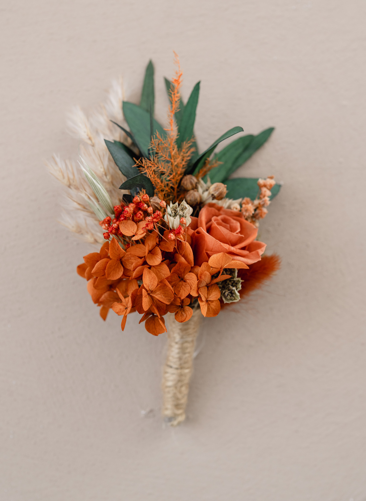 Autumnal Terracotta Preserved Rose Button Hole Boutonniere