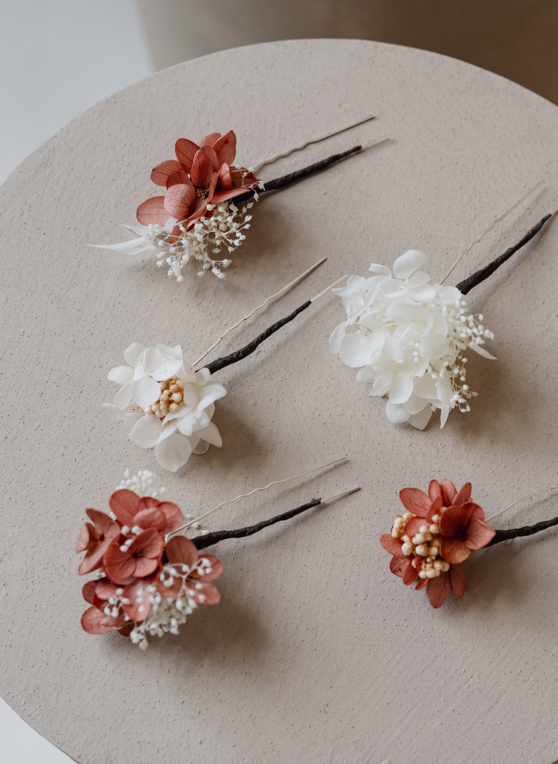 Coral Boho Preserved Hydrangea Flower Wedding Hair Pin Set 1