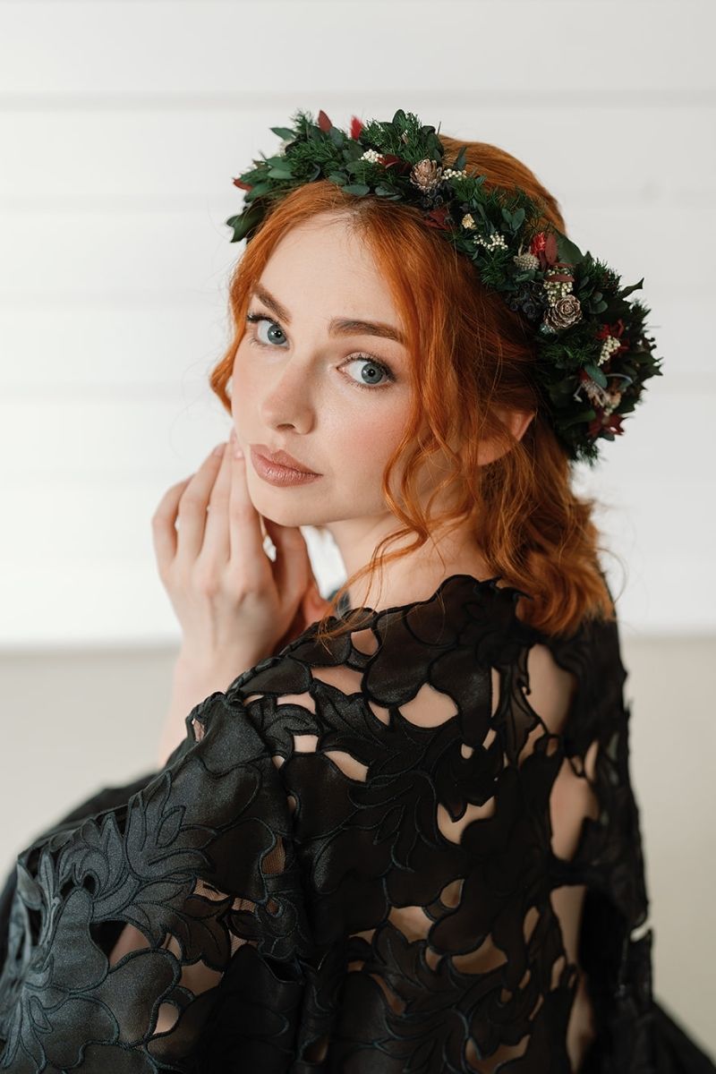 Ebony full circular preserved festive flower crown perfect for a winter wedding in rich red and green tones by Luna and Wild.