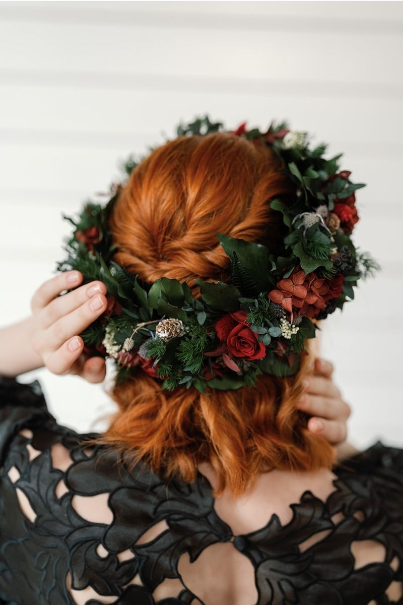 Ebony full circular preserved festive flower crown perfect for a winter wedding in rich red and green tones by Luna and Wild.