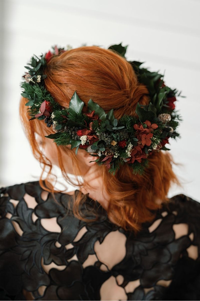 Ebony full circular preserved festive flower crown perfect for a winter wedding in rich red and green tones by Luna and Wild.