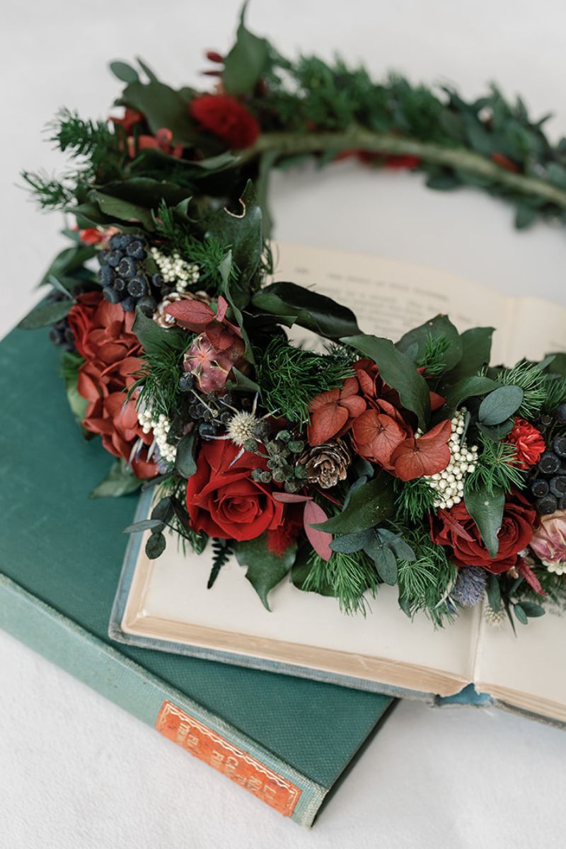 Ebony full circular preserved festive flower crown perfect for a winter wedding in rich red and green tones by Luna and Wild.