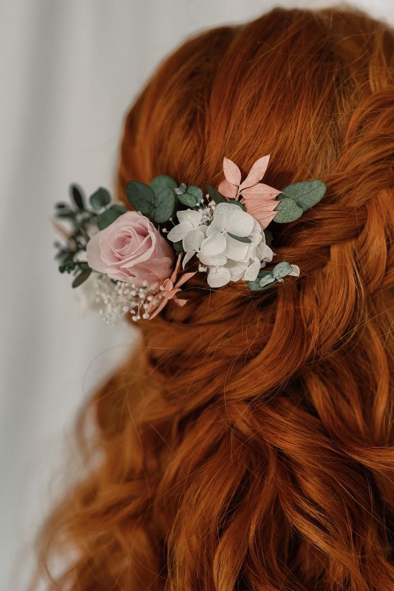 Pink and white wedding dried flower hair pin set for boho brides and bridesmaids