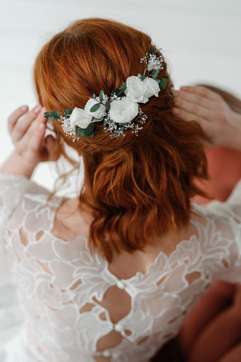 Preserved white roses and foliage hair pin set for weddings by Luna and Wild
