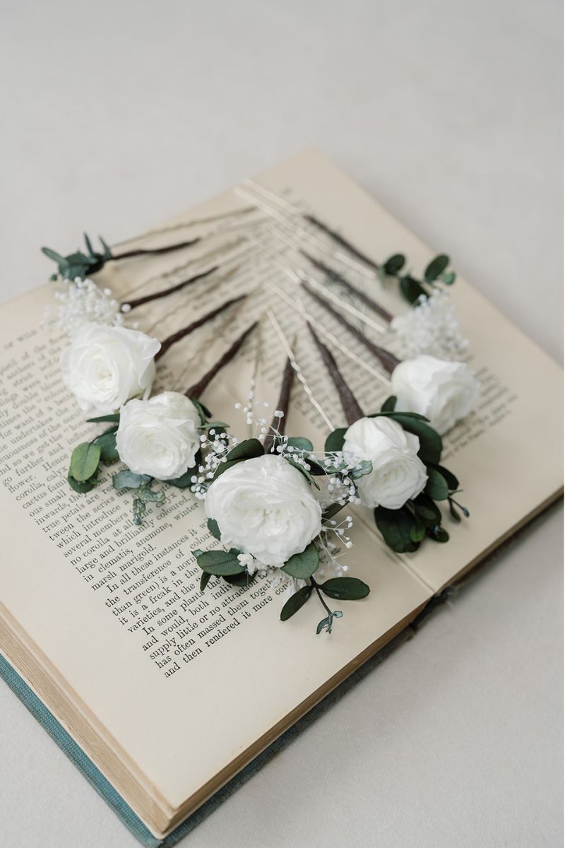 Preserved white roses and foliage hair pin set for weddings by Luna and Wild