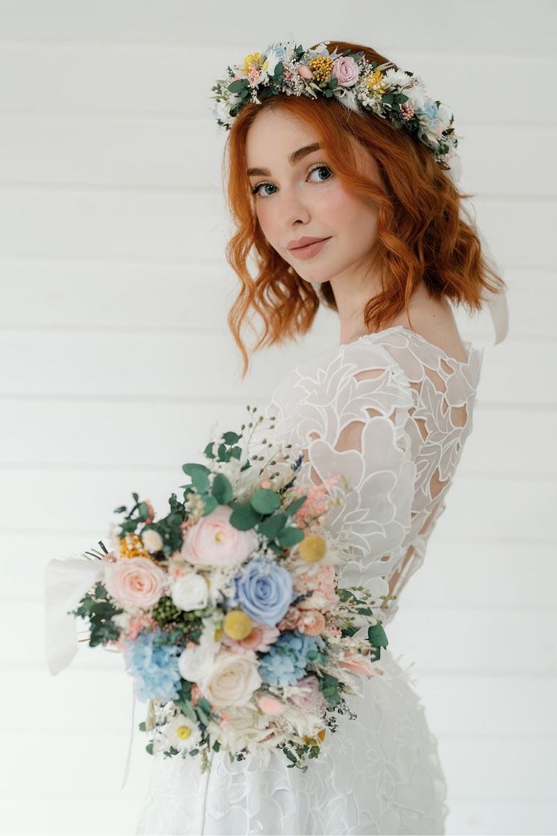 Pastel garden style dried and preserved bridal bouquet and matching flower crown with roses, daisies, hydrangeas and eucalyptus
