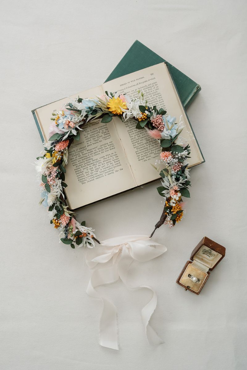 Pastel garden style dried flower crown in colourful pastel tones, adjustable with a hand dyed white silk ribbon.