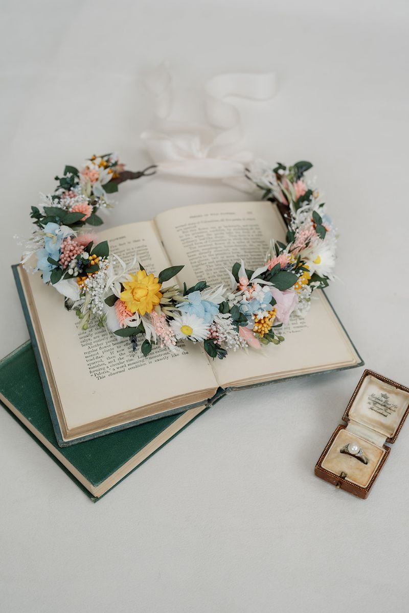 Pastel garden style dried flower crown in colourful pastel tones, adjustable with a hand dyed white silk ribbon.
