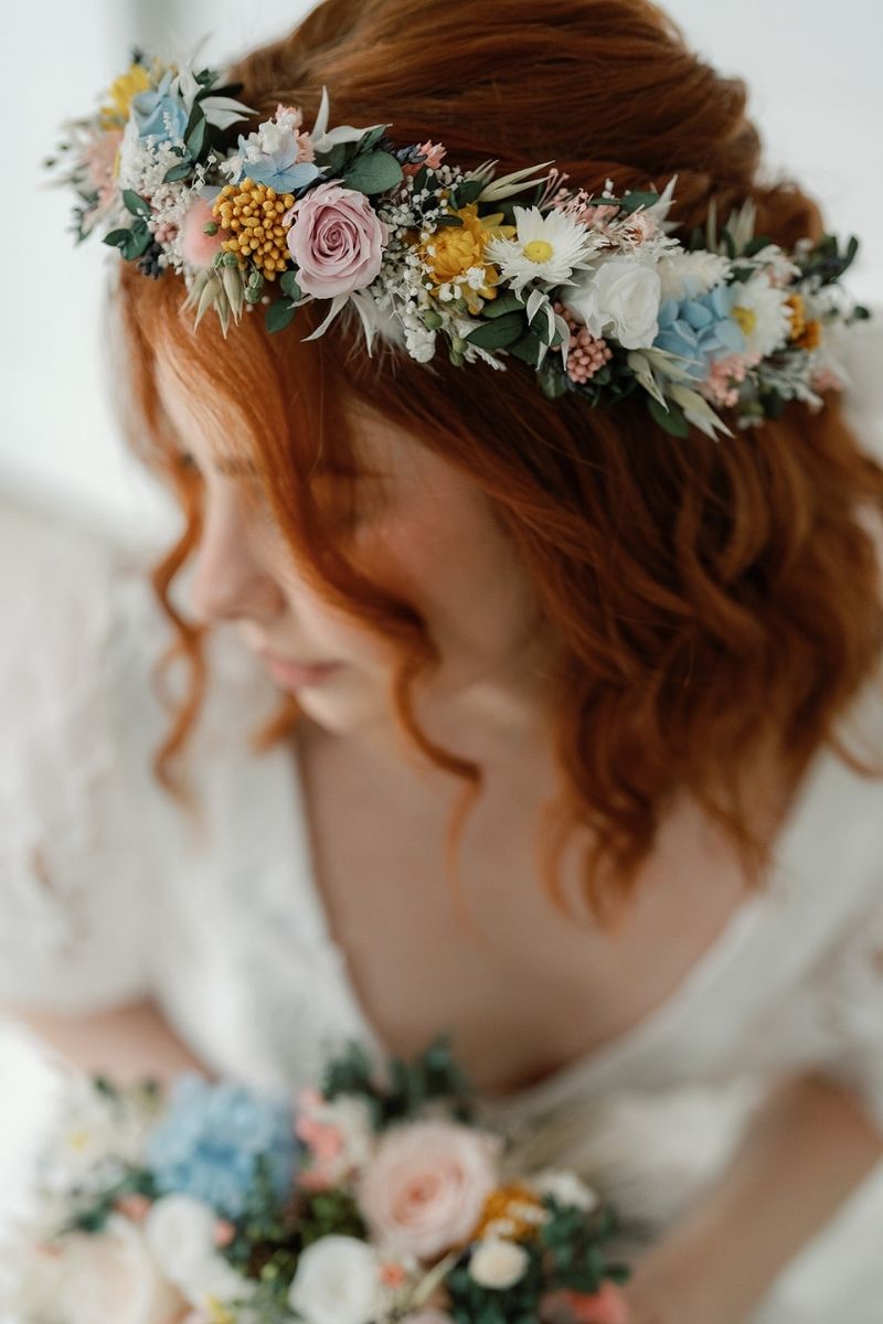 Pastel garden style dried flower crown in colourful pastel tones, adjustable with a hand dyed white silk ribbon.