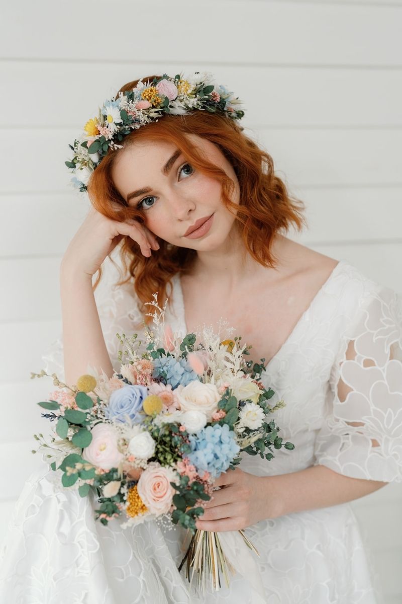 Pastel garden style dried flower crown in colourful pastel tones, adjustable with a hand dyed white silk ribbon.