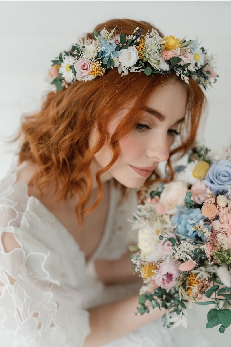 Pastel garden style dried flower crown in colourful pastel tones, adjustable with a hand dyed white silk ribbon.