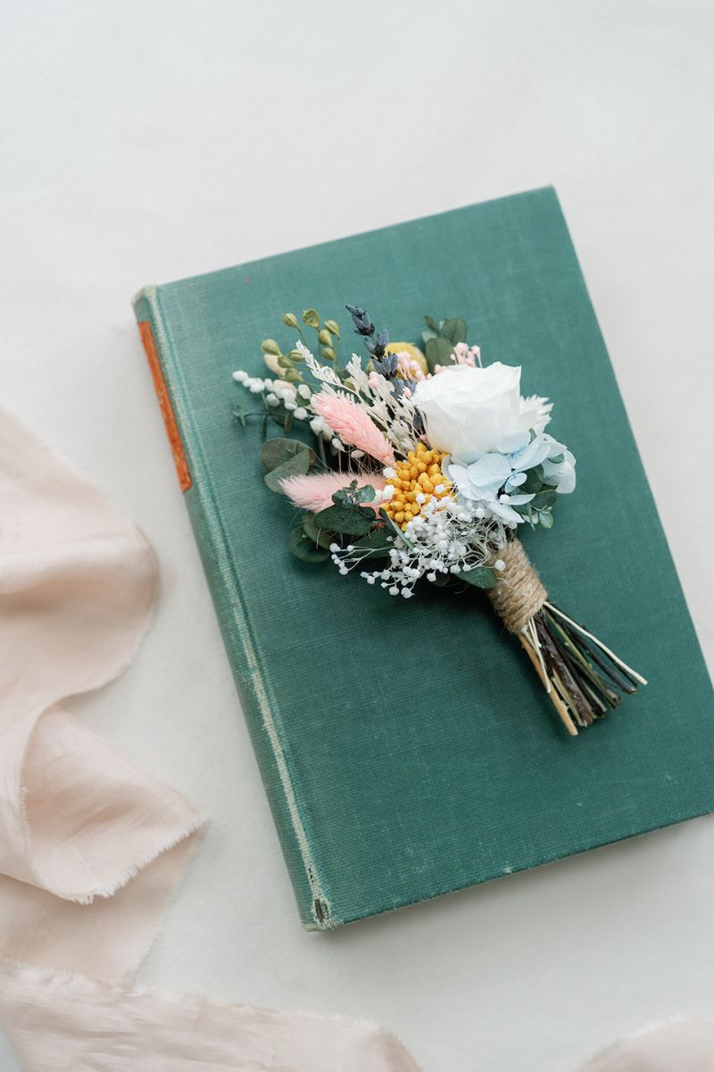 pastel dried flower wedding buttonhole by Luna and Wild
