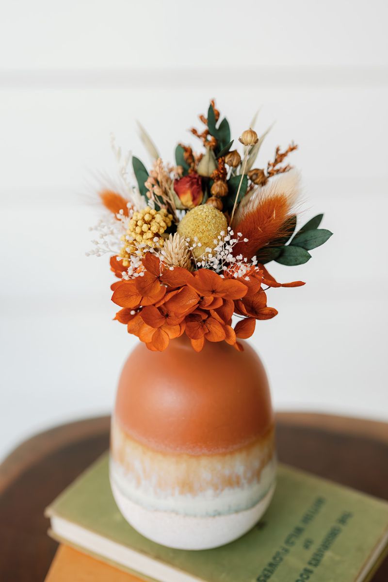 Terracotta and ivory ombre dip dye mini vase with a mini dried flower bunch
