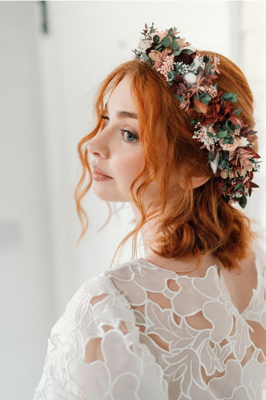 Moody and romantic, full halo preserved flower crown in red wine and dusky pink colour scheme by Luna and Wild.