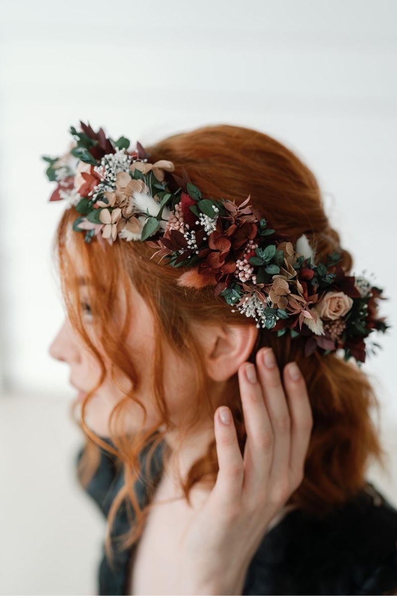 Moody and romantic, full halo preserved flower crown in red wine and dusky pink colour scheme by Luna and Wild.