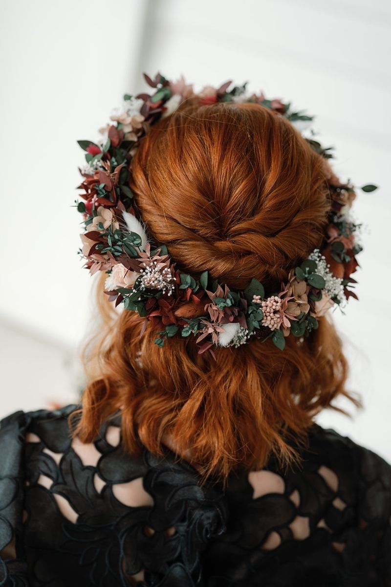 Moody and romantic, full halo preserved flower crown in red wine and dusky pink colour scheme by Luna and Wild.