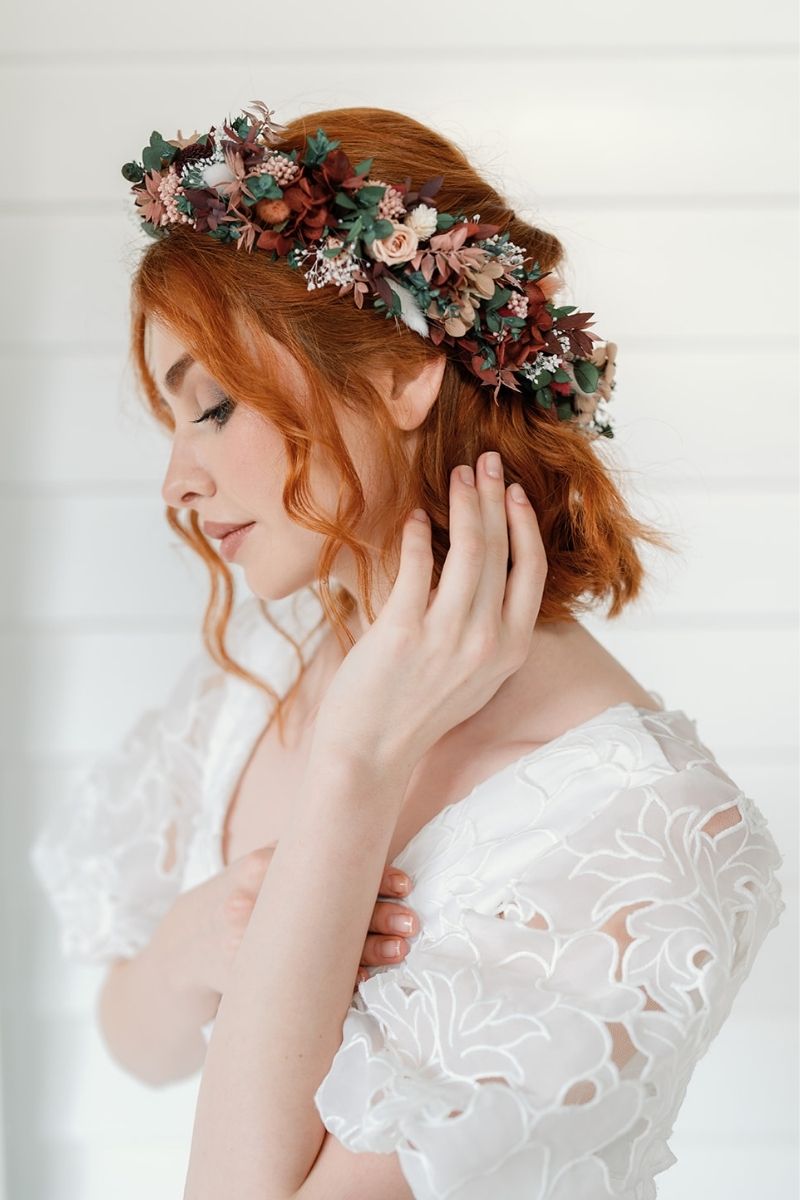 Moody and romantic, full halo preserved flower crown in red wine and dusky pink colour scheme by Luna and Wild.